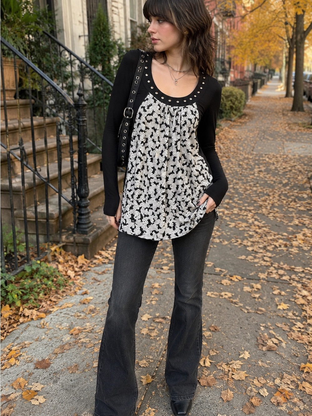 Fornarina Y2K Dog Print Studded Scoop Neck Tunic Top Black White Small